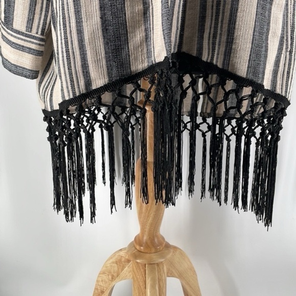 Zara Ecru Neutral Striped Boho 3/4 Sleeves Fringe Kimono festival Jacket sz sm - Picture 5 of 11